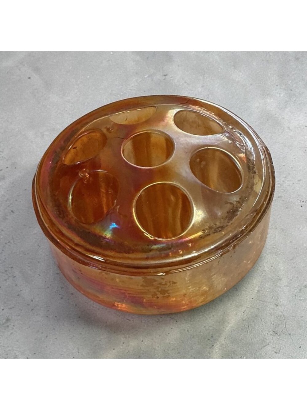 Vintage Marigold Carnival Glass Flower Frog 1" x 2.5" With Iridescent Finish